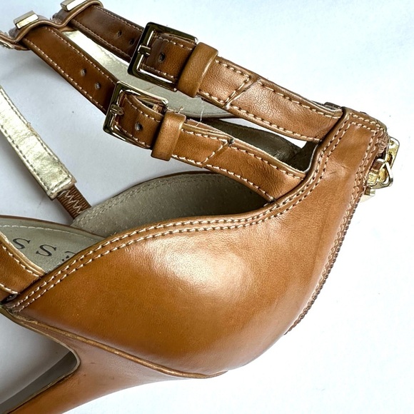 Guess Brown Leather Gold Studded Strappy 4.5” Stiletto Heels Sz 10 - Picture 8 of 9